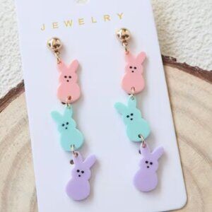 3 Happy Bunny Dangle Earrings Pink Green Purple 2.56"